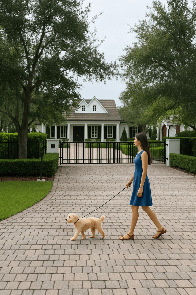 Luxury Pinecrest home just sold for $7.6 million, with a woman walking her dog in front of the property.